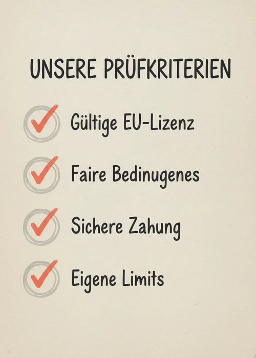 Prüfkriterien für Casinos ohne Lugas: gültige EU-Lizenz, faire Bedingungen, sichere Zahlung und eigene Limits.