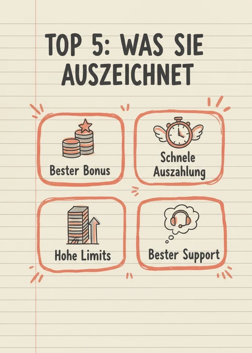 Was die Top 5 Casinos ohne Lugas auszeichnet: bester Bonus, schnelle Auszahlung, hohe Limits und bester Support.