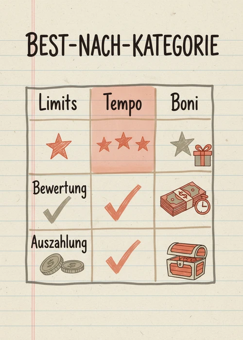 Bestes Casino ohne Lugas nach Kategorie: Limits, Tempo und Boni bewertet nach Eignung und Auszahlung.