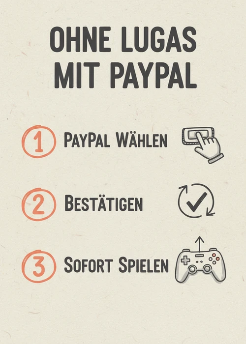Ohne Lugas mit PayPal einzahlen: PayPal wählen, bestätigen und sofort spielen in drei Schritten.